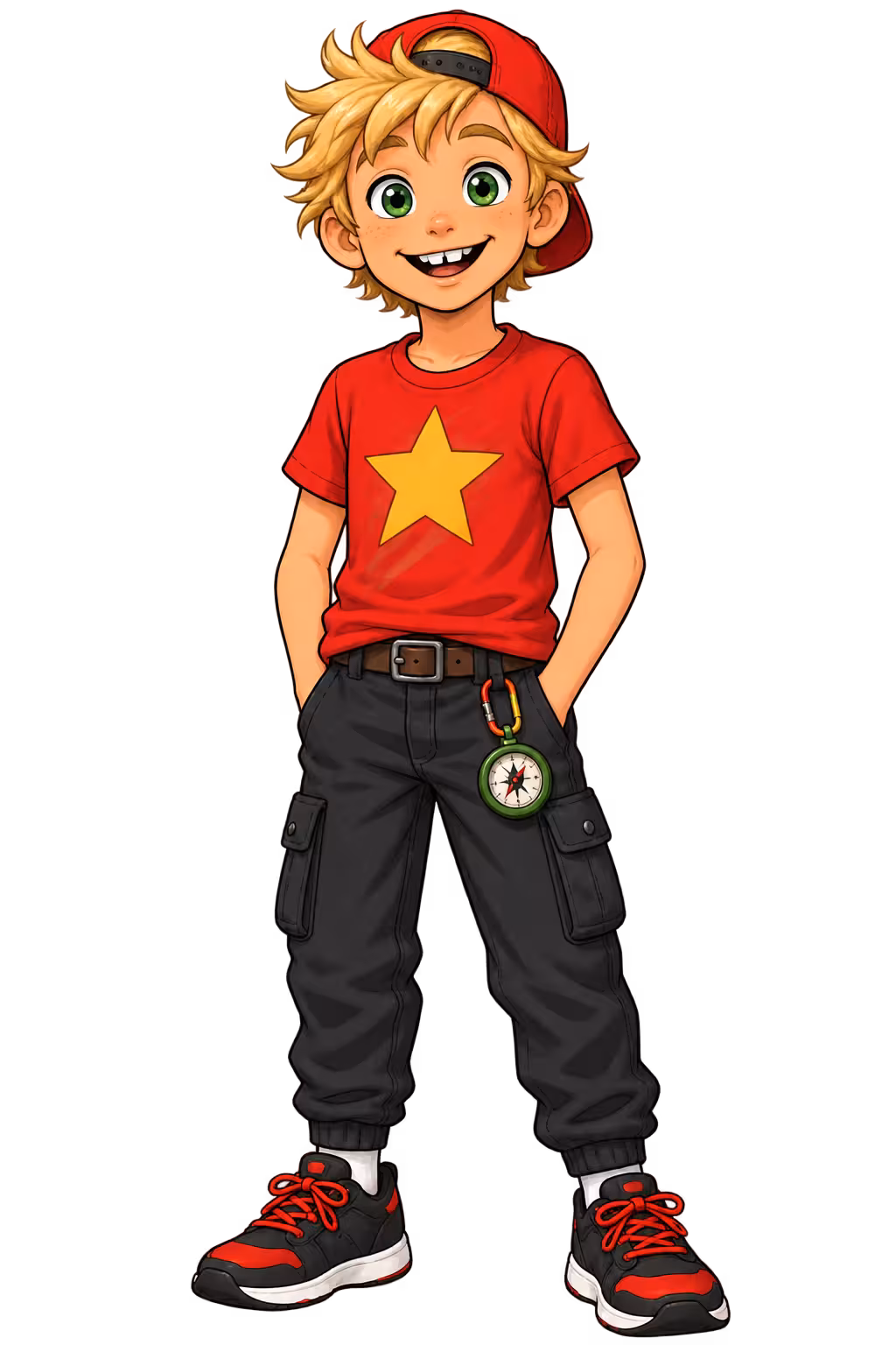 Leon, ein mutiger Stadtentdecker, mit blonden Haaren, roter Kappe, rotem T-Shirt und Kompass