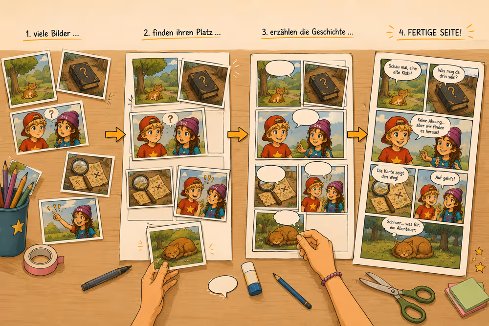 Die Comicseite wird aus einzelnen Komponenten zusammengesetzt