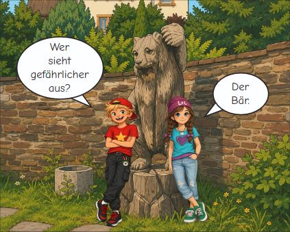 Luna und Leon stehen neben einer Bärenstatue. In den Sprechblasen steht: „Wer sieht gefährlicher aus?“ und „Der Bär.“